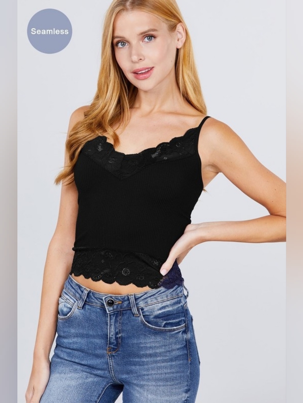 Active USA Lace Trim Ribbed Cami Cropped Tank - 4 Pack /Blue, White, Black, Nude - Picture 4 of 5